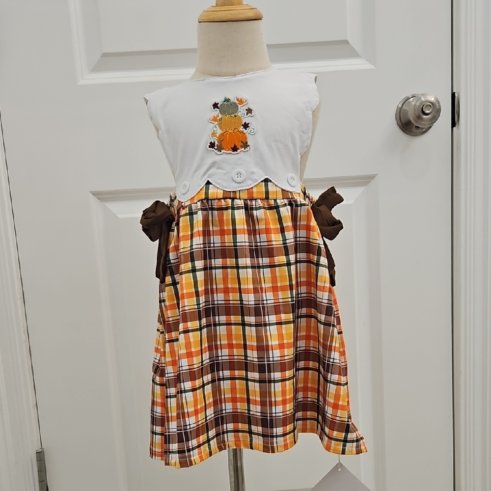 Plaid Dress with Pumpkin Embroidery